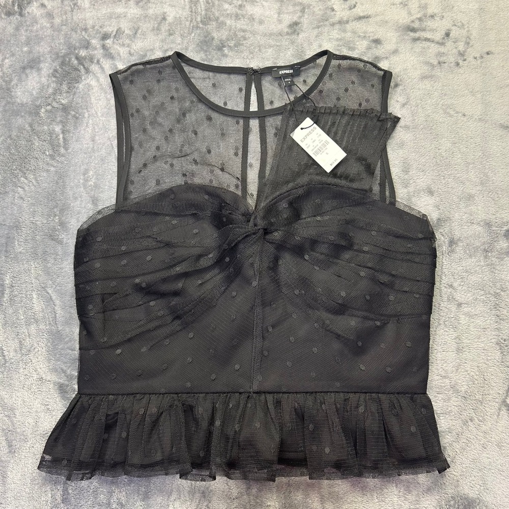 Express Mesh Dot Peplum Top Womens Small Black Sheer Sleeveless NWT $69.95